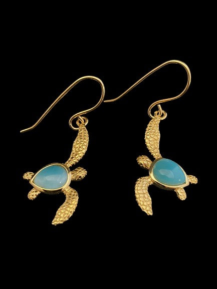 Larimar and Gold Turtle Earrings