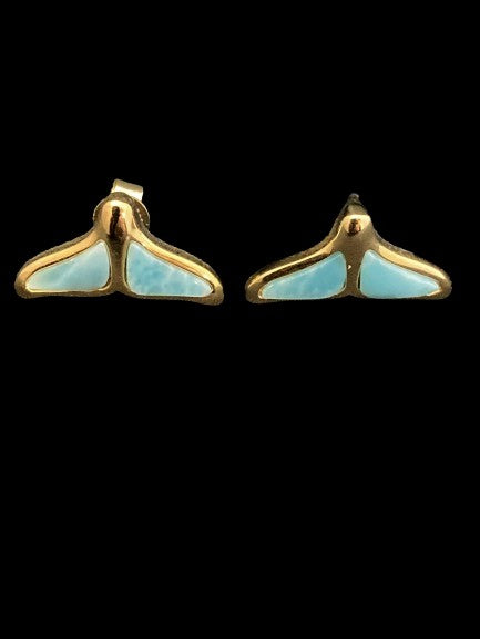 Larimar and Gold Whale Tale Stud Earrings